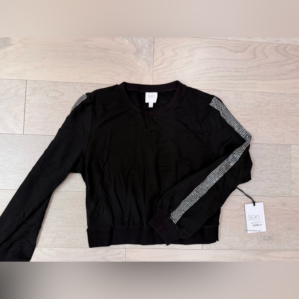 NWT Sen Black Long Sleeve Top with Rhinestone Stripes